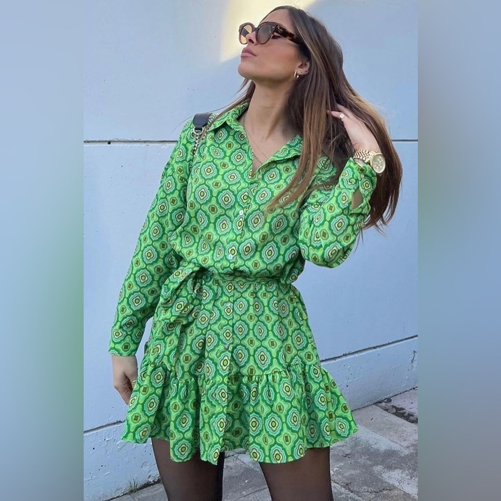 ZARA Geometric Print long sleeves Shirt Dress Size S